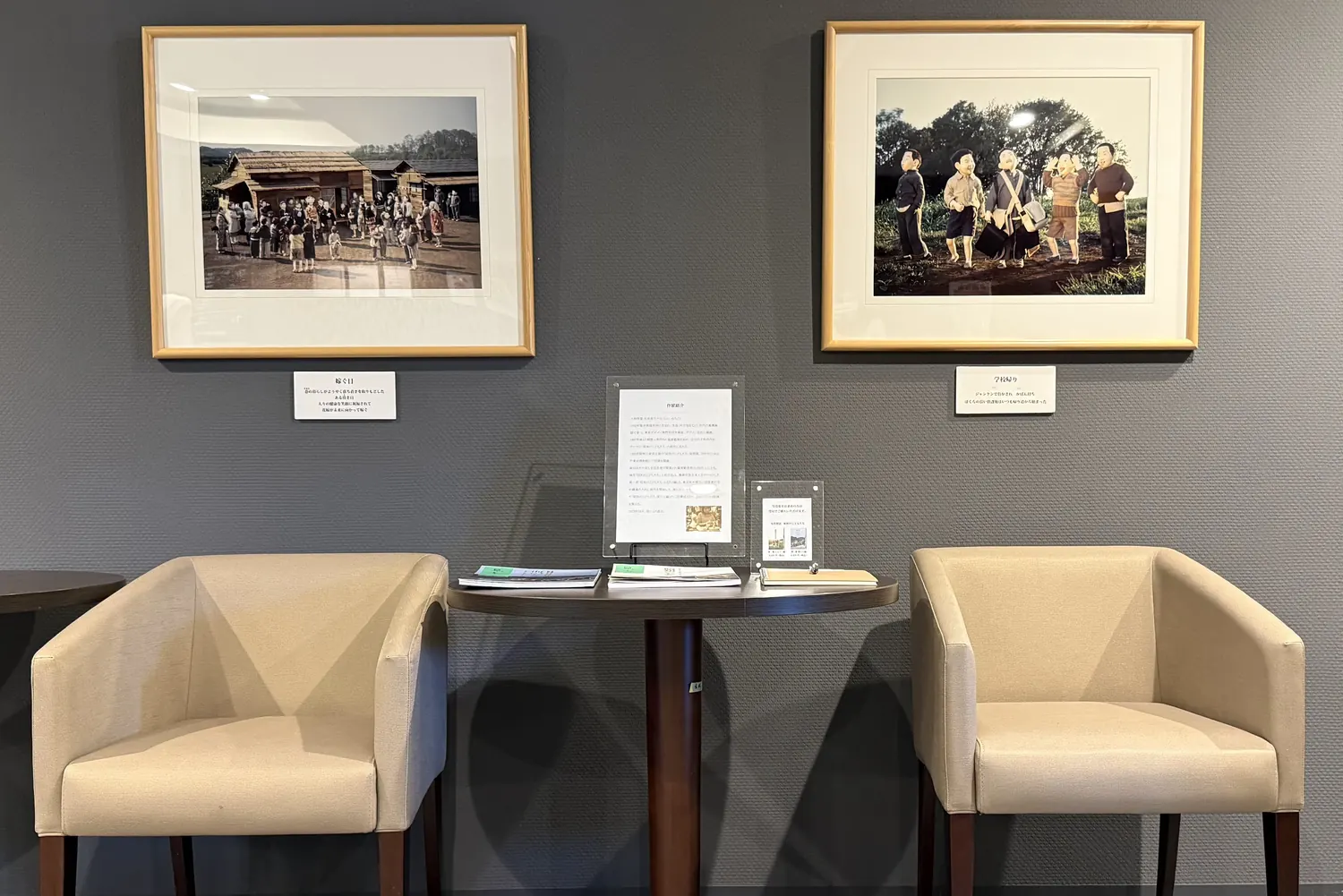 Two photo panels hung side by side on a facility wall, with a chair below