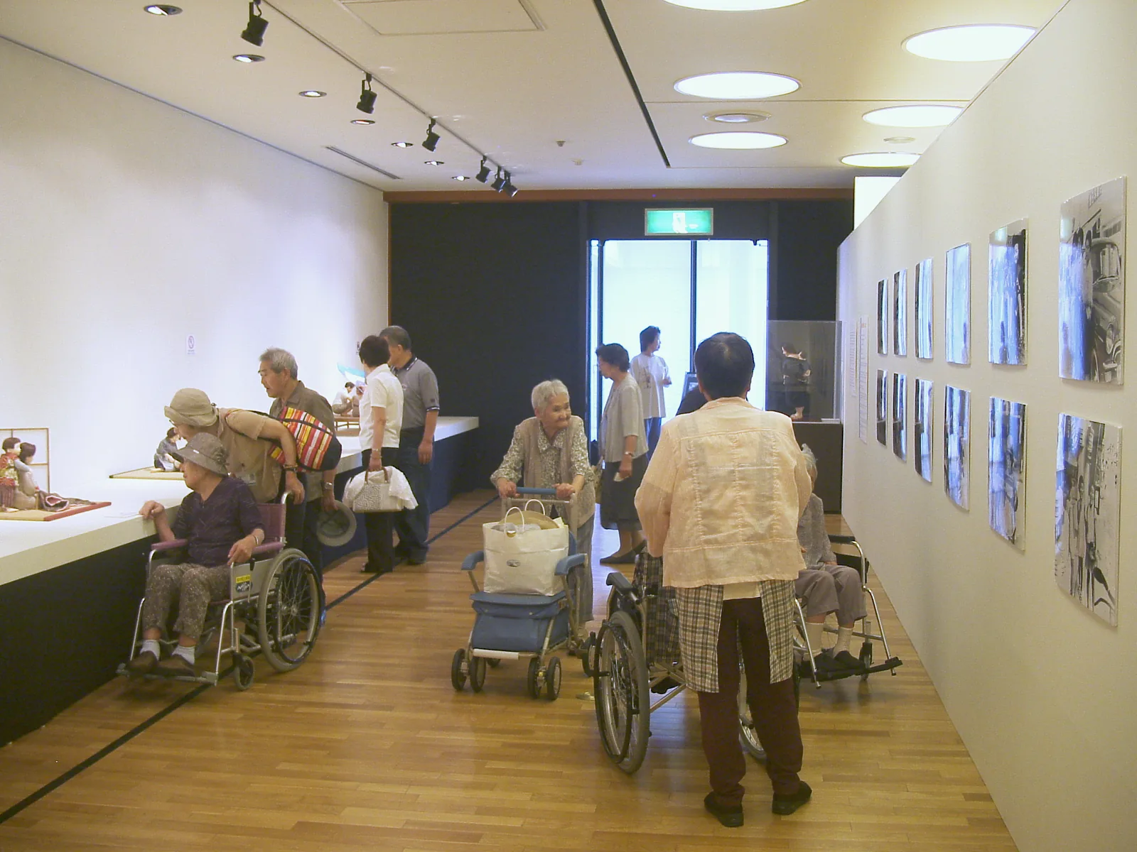 展示会場の通路で、車いすの方と付き添いの方が、人形と写真の展示を見ている様子