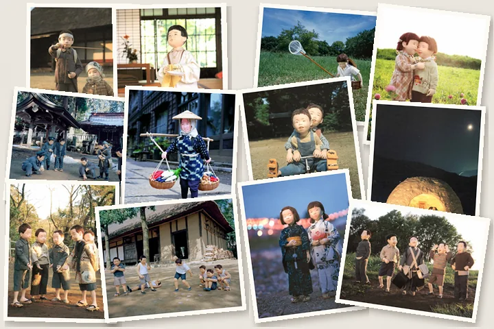 作品「縁日」「かまくら」「三輪車」など、人形作品の写真のプリント