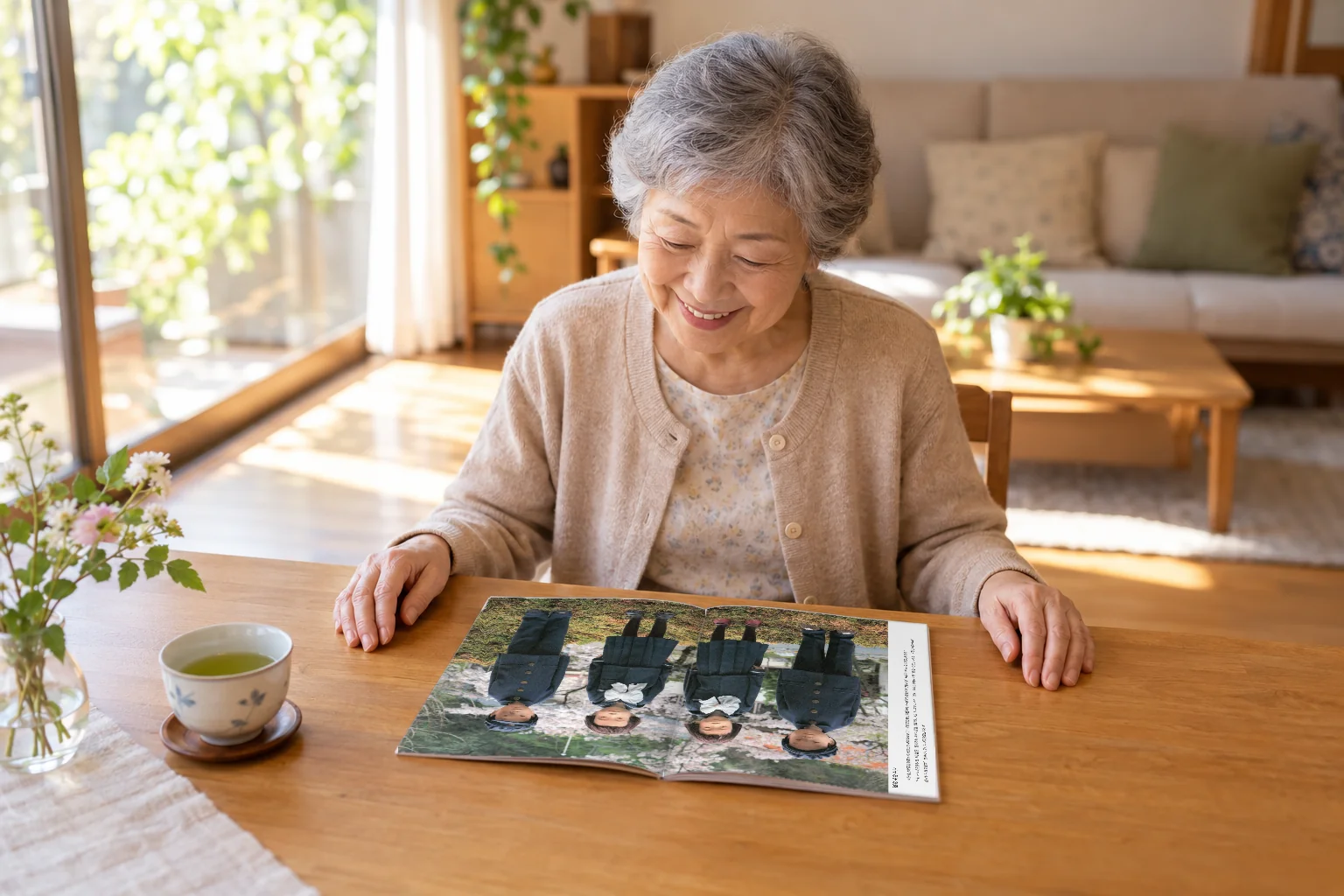机の上で写真集「写真物語 昭和のこどもたち ふるさと編」を開き、ページを見てほほえむ年配の女性(イメージ)