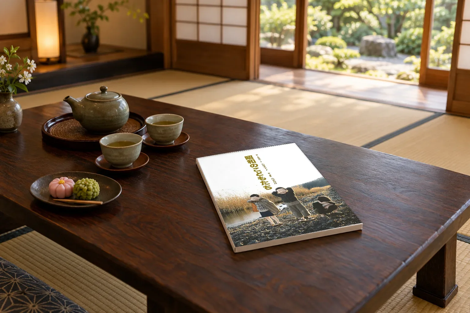 旅館の客室の座卓に置いた写真集「写真物語 昭和のこどもたち ふるさと編」と、急須と湯のみ(イメージ)